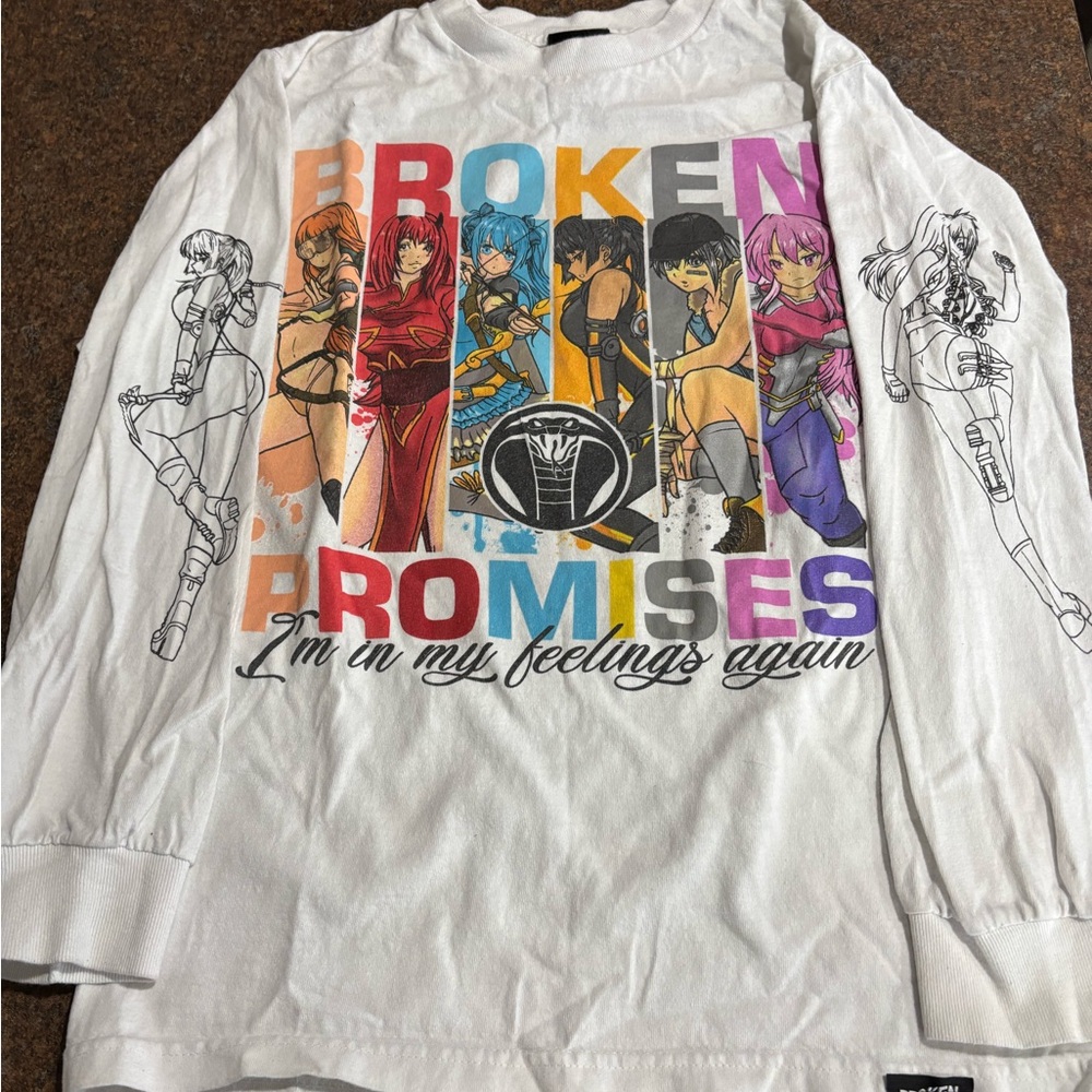 Broken Promises Shirt Adult Small White Long Sleeve Anime Girl Print Casual Mens